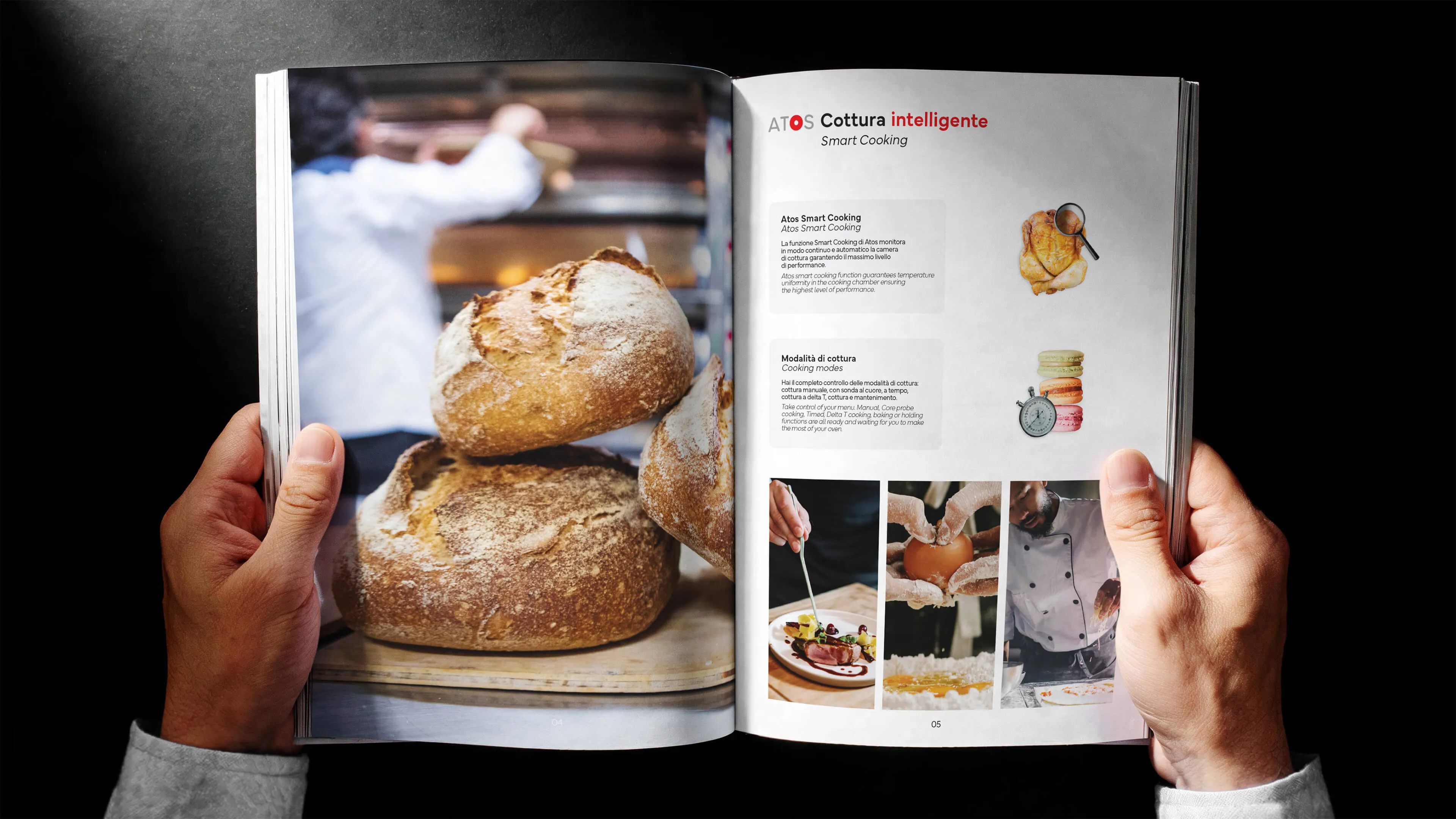 Open catalogue held by hands showing a bakery-themed spread with large rustic loaves of bread on the left page and text about smart cooking with cooking modes on the right page, accompanied by images of a roasted chicken, macarons with a stopwatch, a chef plating food, hands cracking an egg, and a chef working in the kitchen.