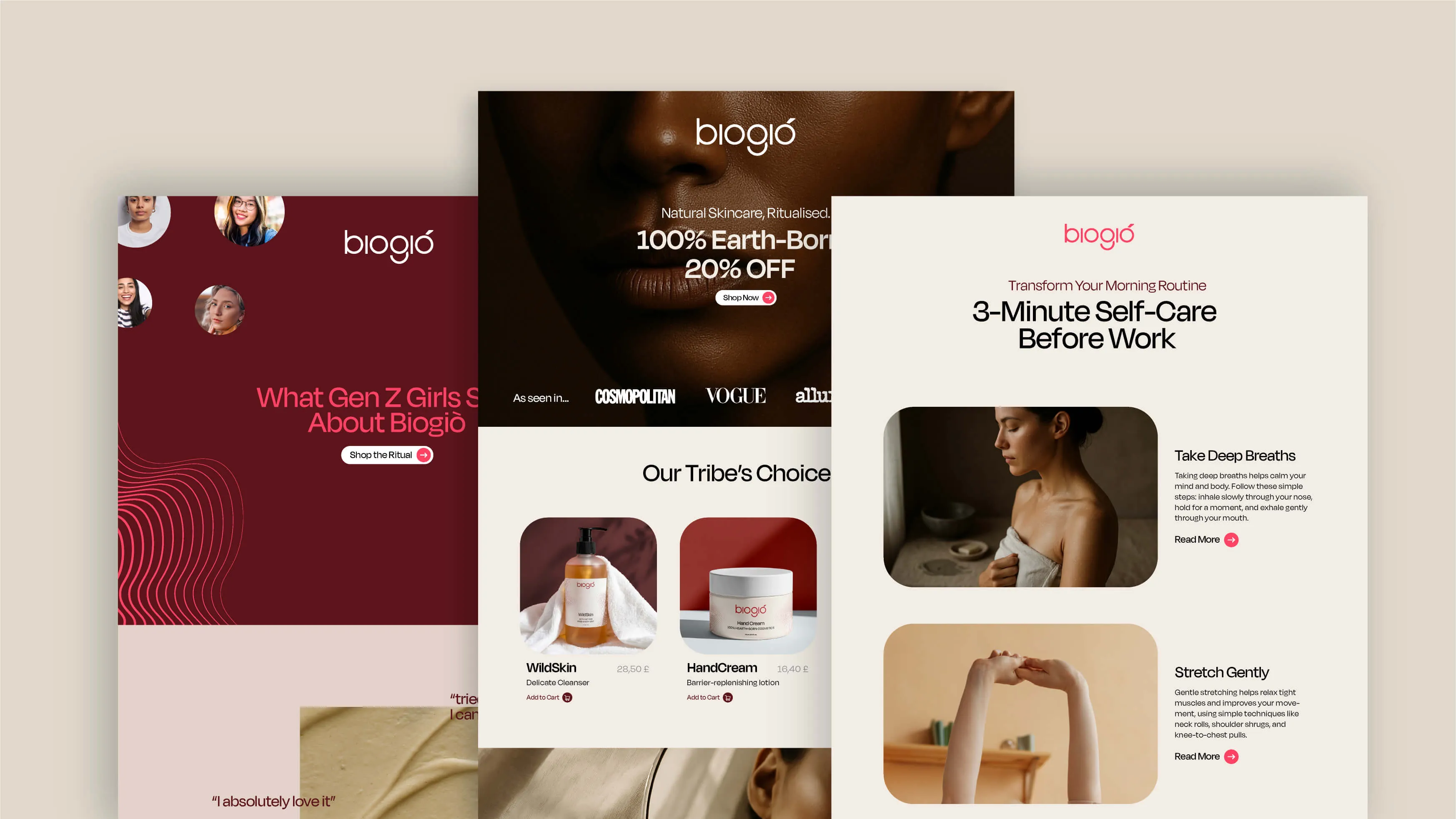 Three overlapping Biogió newsletter pages showing skincare promotions, product images, and self-care tips with photos of a woman taking deep breaths and stretching.