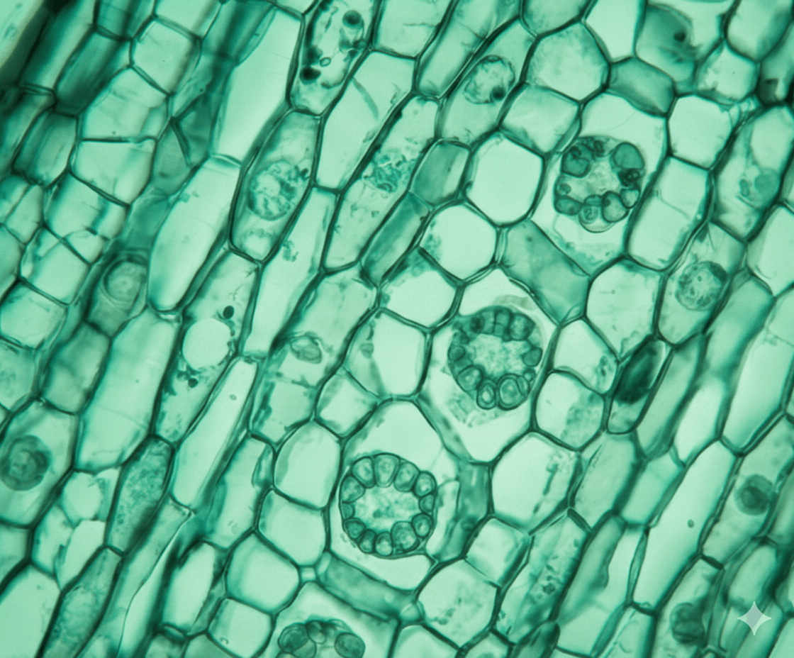 Microscopic view of plant cells arranged in hexagonal shapes with visible nuclei and internal structures, stained green.