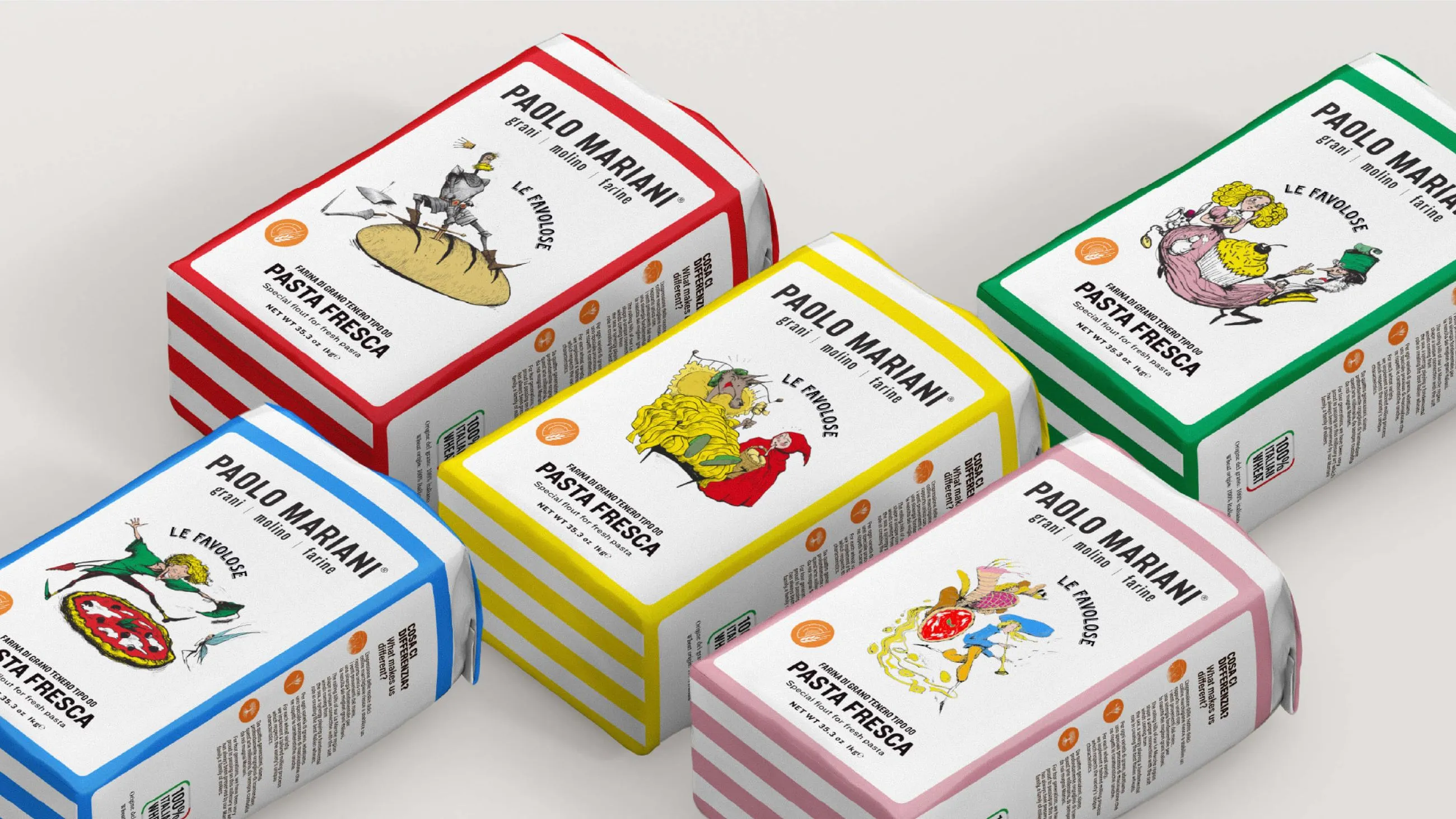 Five Paolo Mariani Pasta Fresca flour packages with colorful striped borders in red, yellow, green, blue, and pink; each package features a unique cartoon illustration and the text 'PAOLO MARIANI grani molino farine LE FAVOLOSE PASTA FRESCA Special flour for fresh pasta'.