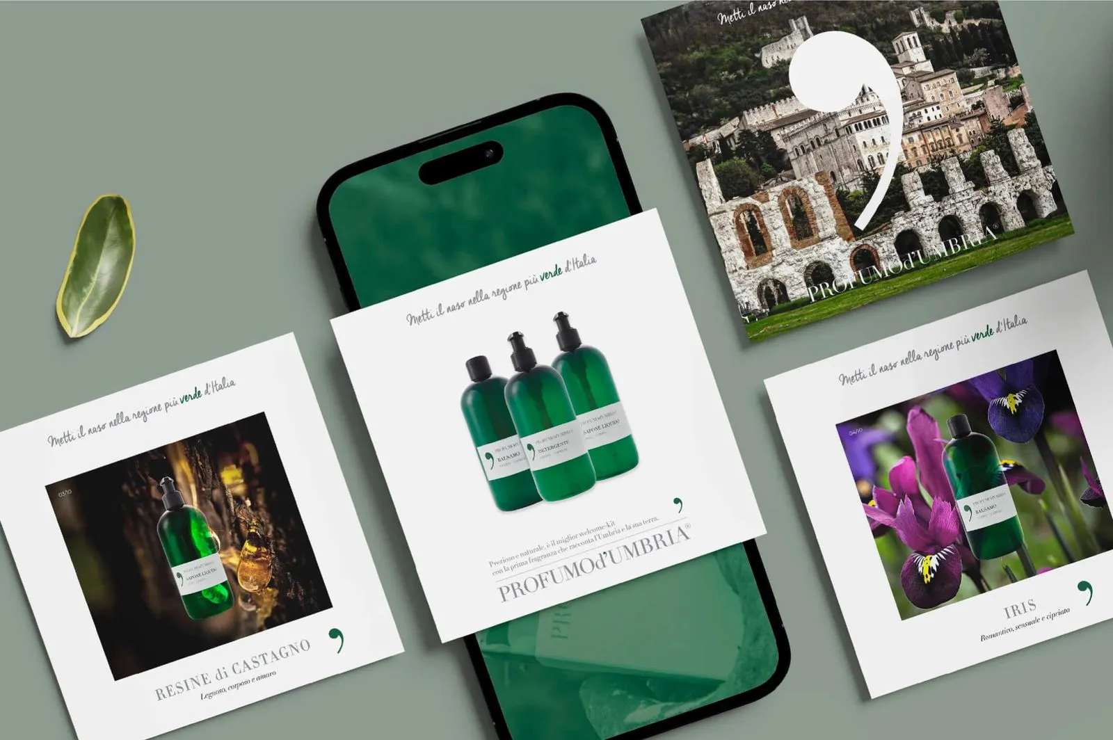 Four square promotional cards for Profumo d’Umbria cosmetics arranged around a smartphone on a green surface, featuring images of green bottles with labels, natural elements like chestnut resin, purple irises, an ancient stone structure, and text in Italian emphasizing the brand’s green regional roots.