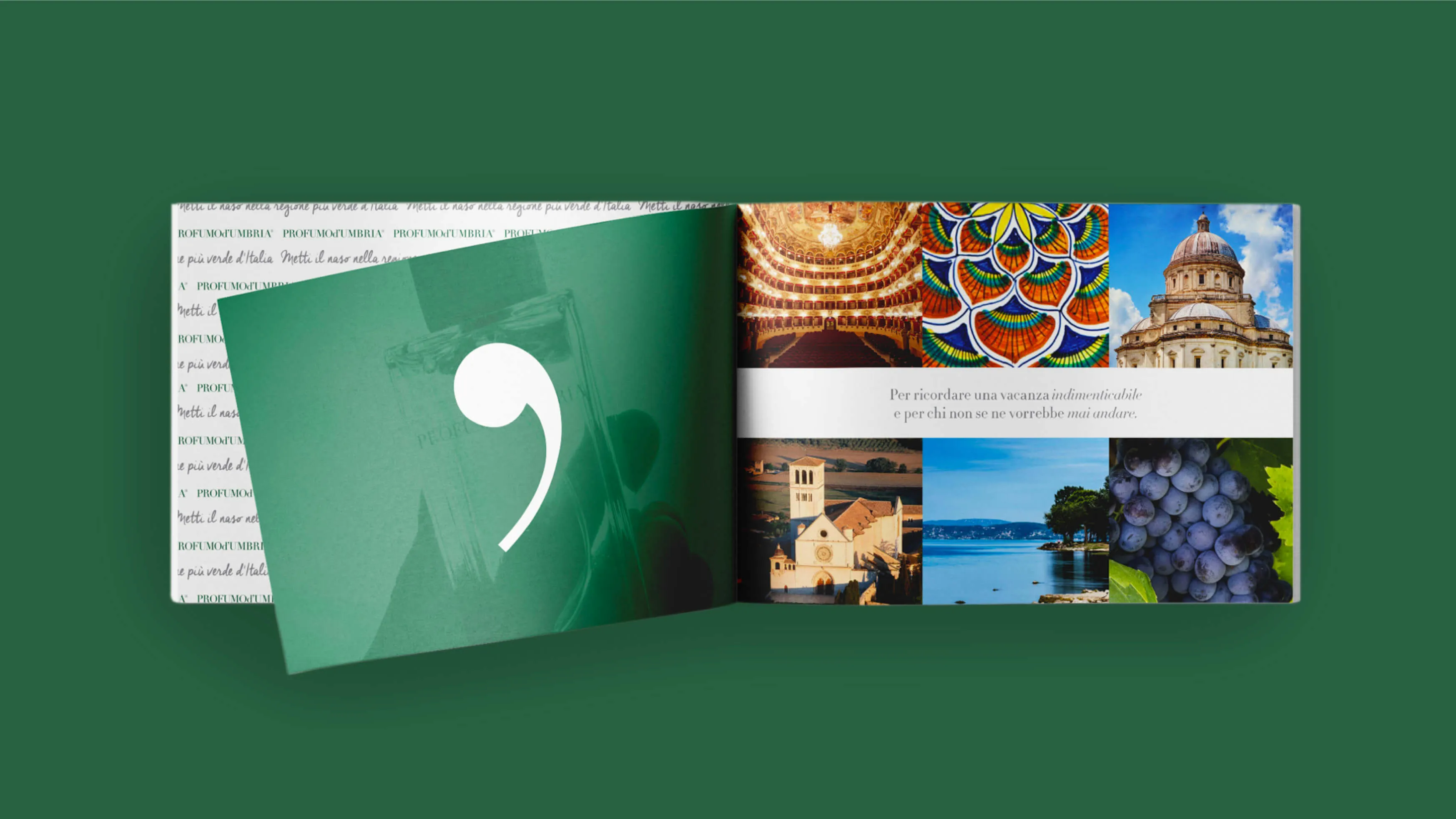 Open brochure on green background showing a green cover with a large white comma symbol on the left page and six photos on the right page including a theater interior, colorful ceramic pattern, historic dome, church, coastal landscape, and a close-up of grapes, with Italian text in the center reading 'Per ricordare una vacanza indimenticabile e per chi non se ne vorrebbe mai andare.'