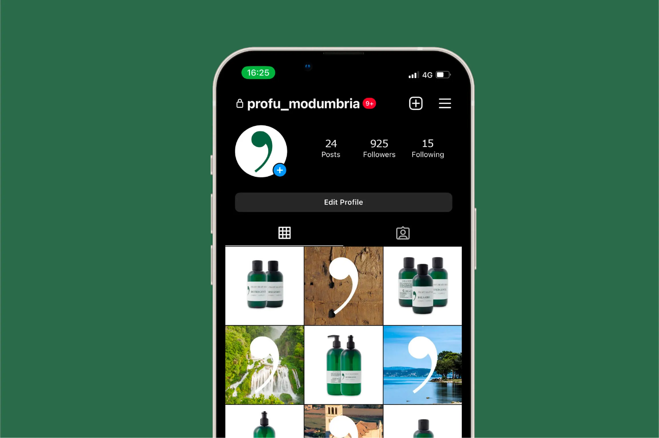 Instagram profile page on a smartphone showing username profu_modumbria with 24 posts, 925 followers, and 15 following; feed displays a green and white comma-shaped logo and images of green bottles, waterfalls, and a coastal landscape.