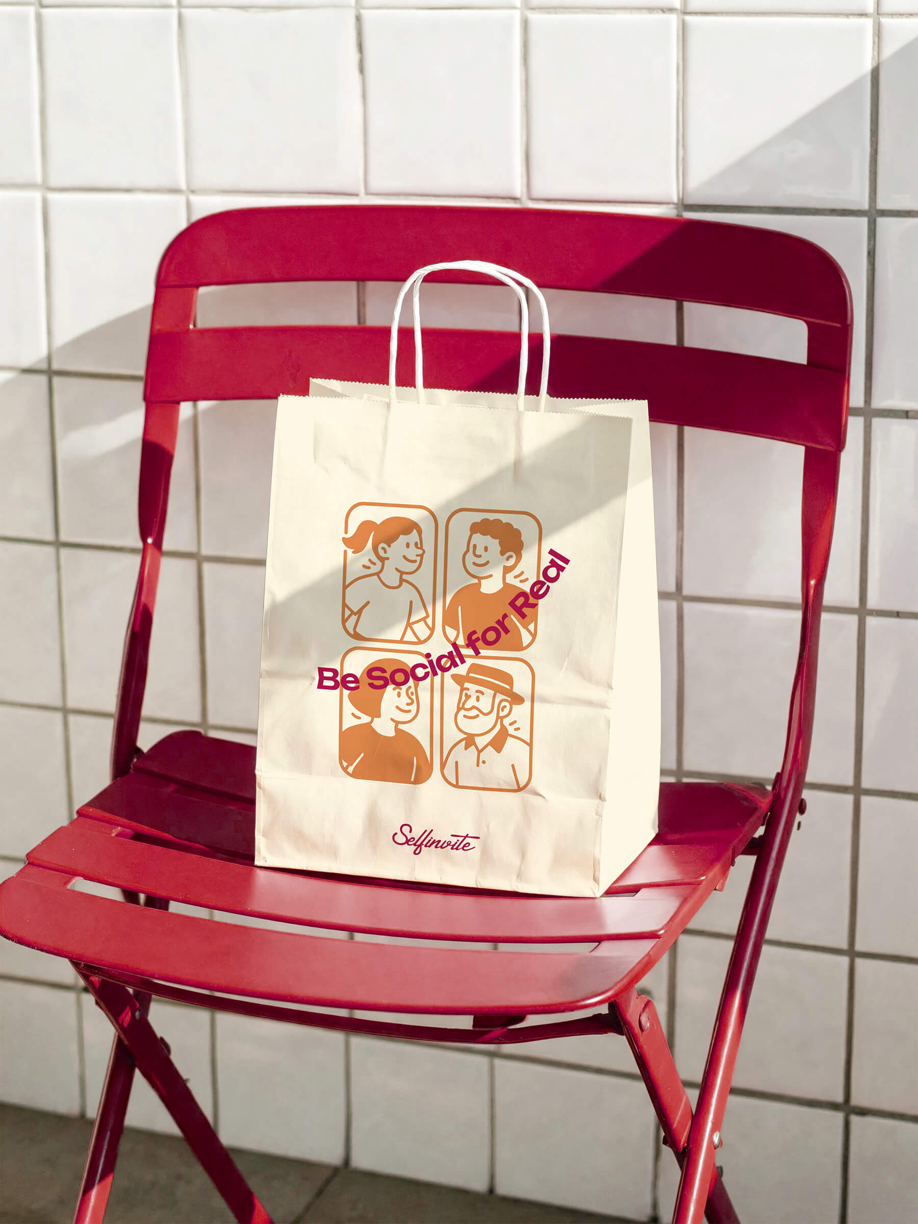 White paper shopping bag with illustrations of four smiling people and text reading 'Be Social for Real' and 'Selfinvite' placed on a red folding chair against a tiled wall.