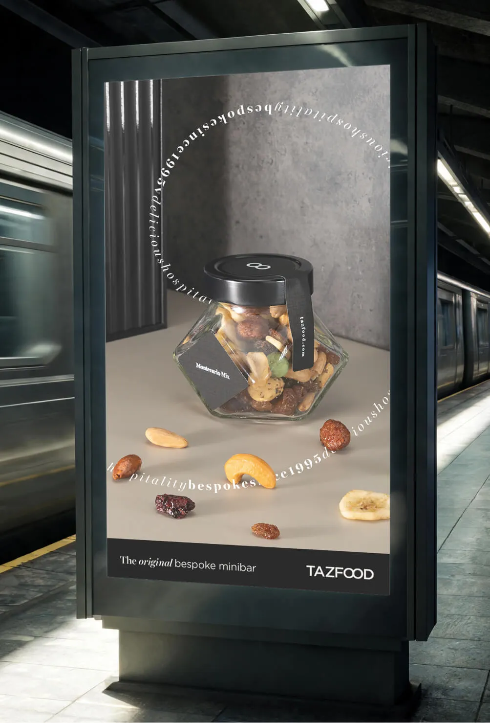 Bus stop advertisement showing a hexagonal glass jar with a black lid filled with mixed nuts and dried fruit labeled Montecarlo Mix, placed on a flat surface with scattered nuts and dried fruit around it, with text reading 'The original bespoke minibar' and the brand name TAZFOOD.